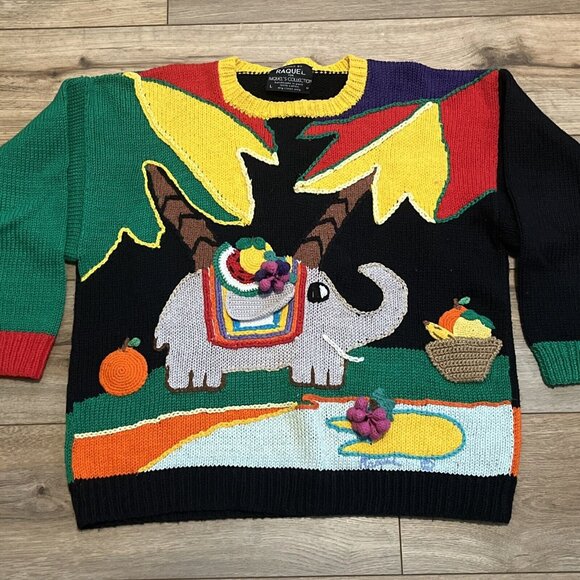 Raquel's Collection Sweater SZ Large Elephant Southwest Fiesta Funky Knit - Picture 2 of 10